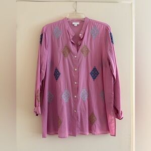 J. Jill Pink Cotton Button Down Shirt with Geometric Embroidery